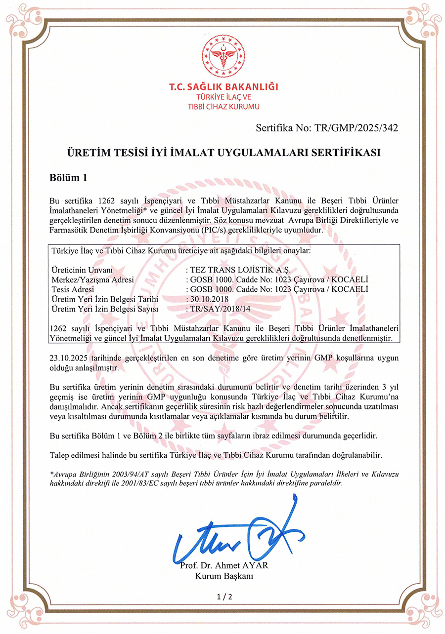 Üretim Tesisi İyi İmalat Uygulamaları Sertifikası